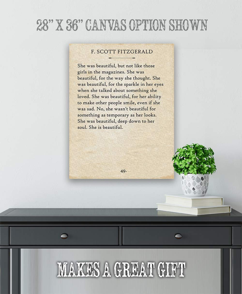 F. Scott Fitzgerald - She was Beautiful - Inspirational Home and Room Decorations, Woman Love Quotes Decor, Gift for Wedding and Book Lovers, Choose Unframed Classic Book Page Poster or Canvas
