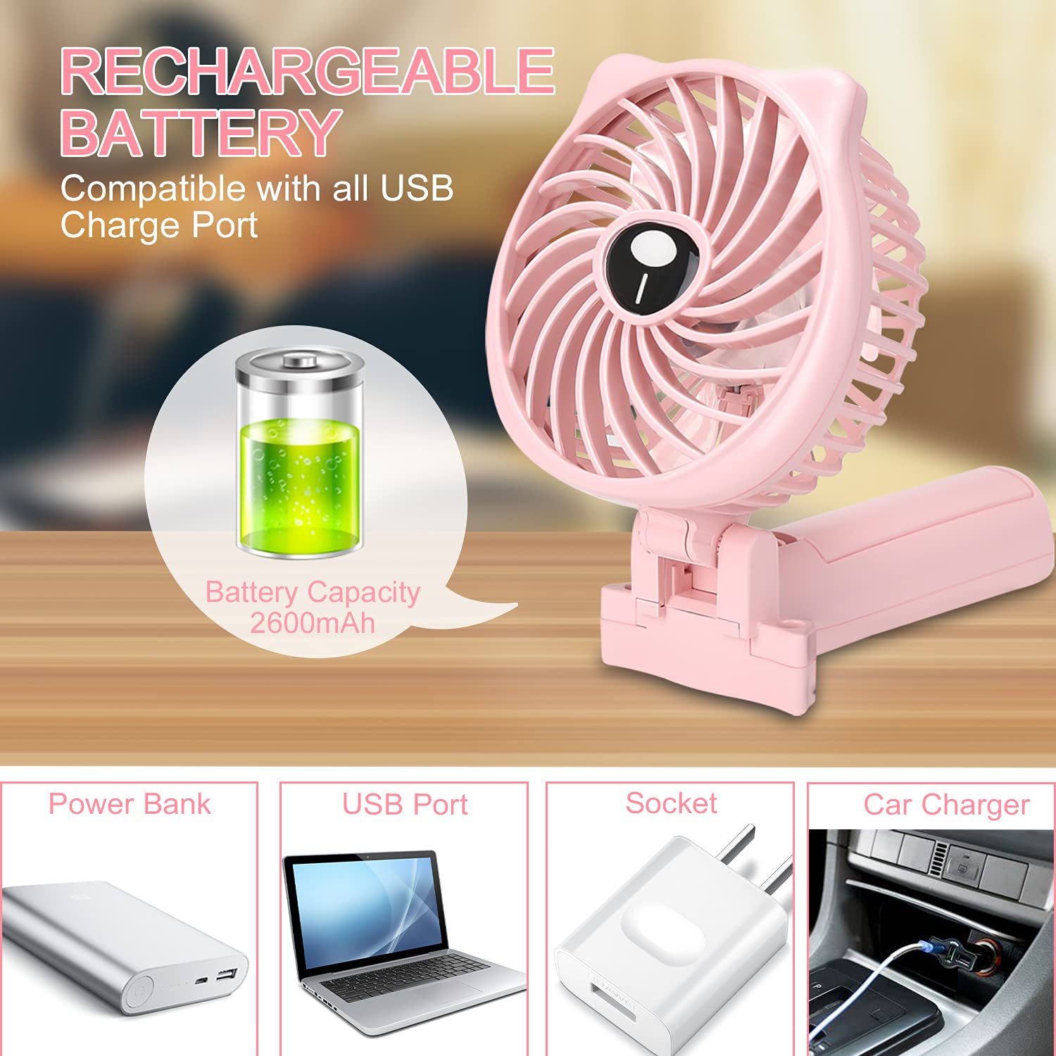 TriPole Mini Handheld Fan 2600mAh Battery Operated Fan 3 Speed Adjustable USB Rechargeable Small Portable Personal Fan Foldable Stroller Desk Table Fan for Kids Girls Woman Home Office Outdoor Travel