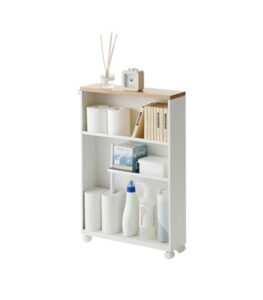 yamazaki home rolling slim bathroom utility cart with handle - storage shelf narrow organizer rack steel one size white