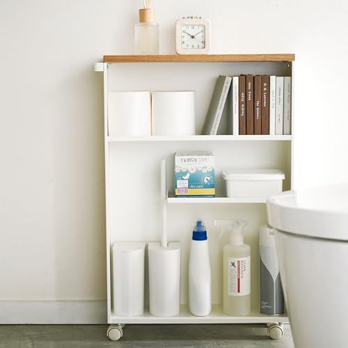 Yamazaki Home Rolling Slim Bathroom Utility Cart with Handle - Storage Shelf Narrow Organizer Rack Steel One Size White