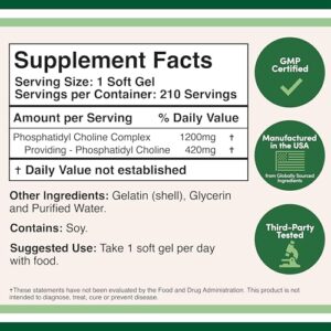 Phosphatidylcholine 1,200mg – 210 Softgels – Enhanced Version of Sunflower and Soy Lecithin (Choline Supplements) - Non-GMO and Gluten Free to Support Brain Health by Double Wood