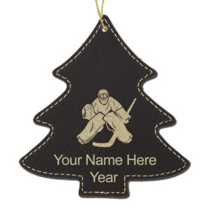 lasergram faux leather christmas ornament, hockey goalie, personalized engraving included (black with gold, tree)