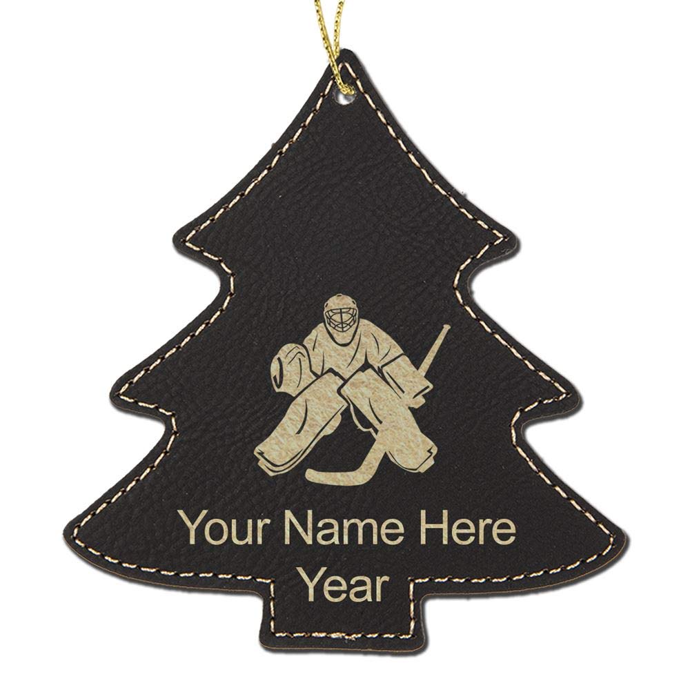 LaserGram Faux Leather Christmas Ornament, Hockey Goalie, Personalized Engraving Included (Black with Gold, Tree)