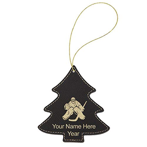 LaserGram Faux Leather Christmas Ornament, Hockey Goalie, Personalized Engraving Included (Black with Gold, Tree)