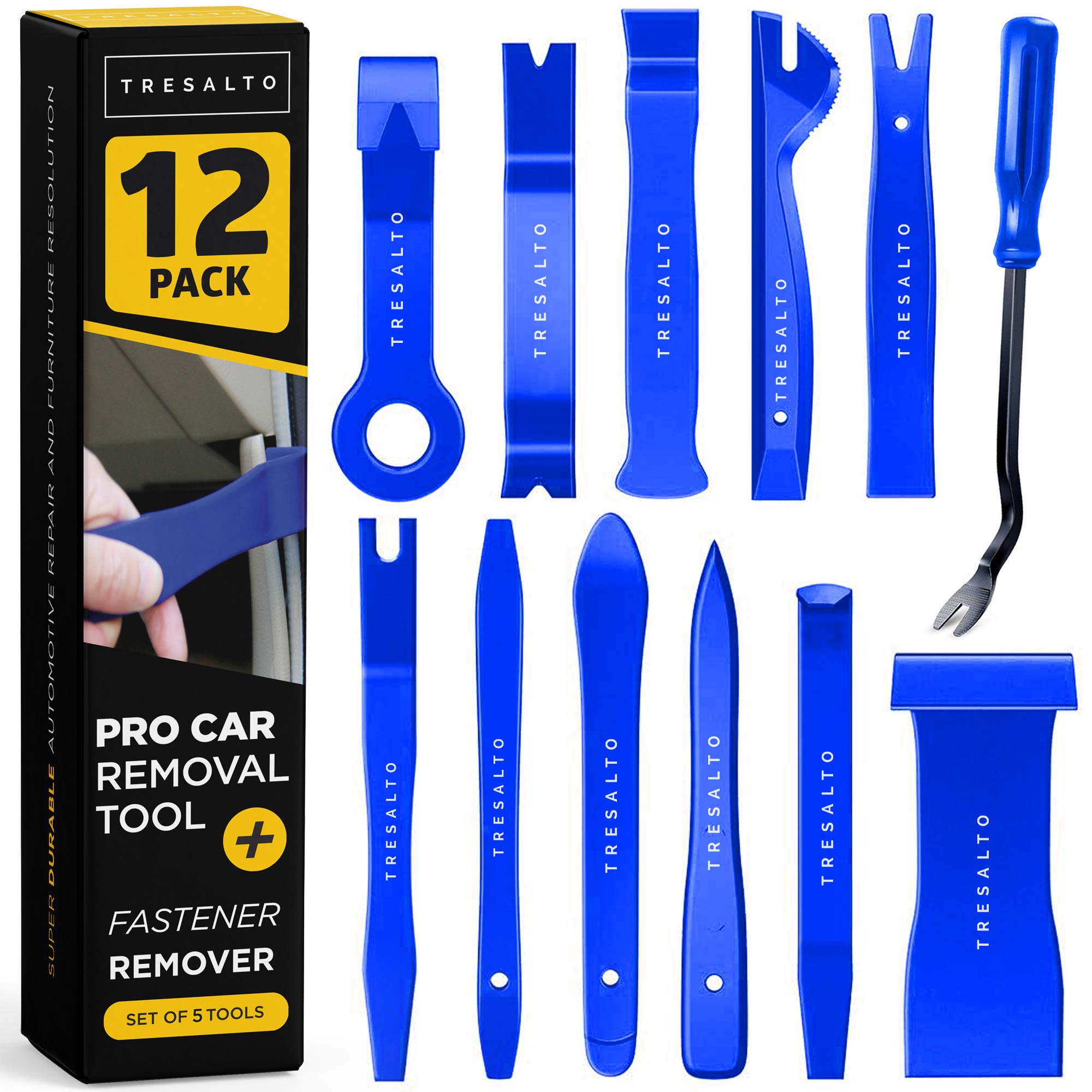 Tresalto Auto Trim Removal Tool Set - 12pcs (No Scratch Plastic Pry Tool Kit) - Auto Trim Car Tools, Easy Door Panel Removal Tool, Fastener Removal, Clip, Molding, Dashboards, Interior Trim Tools