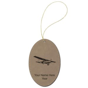 LaserGram Faux Leather Christmas Ornament, High Wing Airplane, Personalized Engraving Included (Light Brown, Oval)