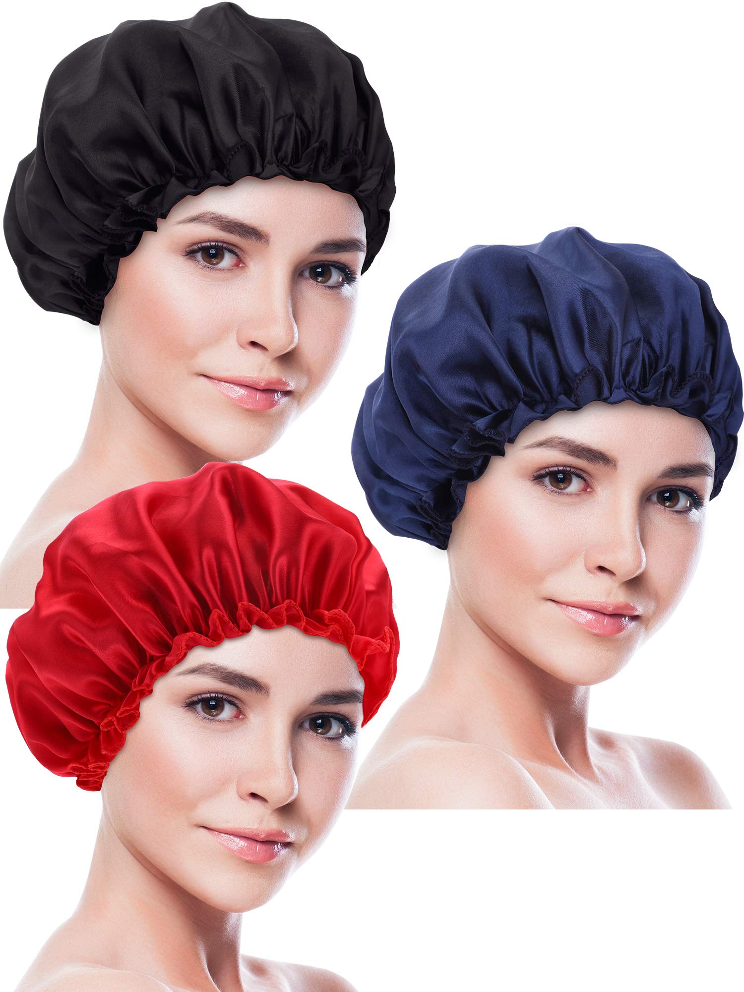 Blulu 3 Pieces Sleep Cap Satin Bonnet Night Sleeping Soft Hair Turbans for Women and Girls (Black red navy)