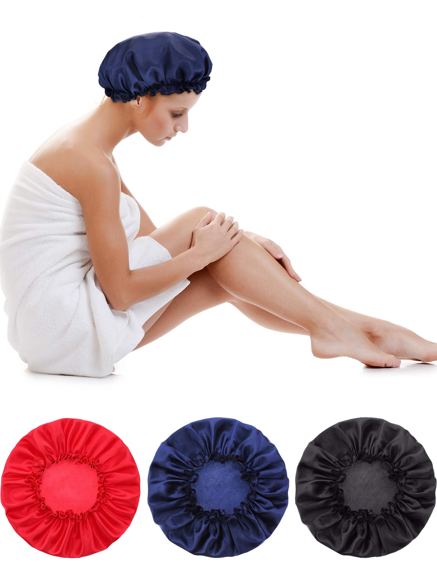 Blulu 3 Pieces Sleep Cap Satin Bonnet Night Sleeping Soft Hair Turbans for Women and Girls (Black red navy)