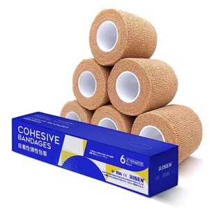 risen cohesive bandage 2” x 5 yards, 6 rolls, self adherent wrap medical tape, adhesive flexible breathable first aid gauze ideal for stretch athletic