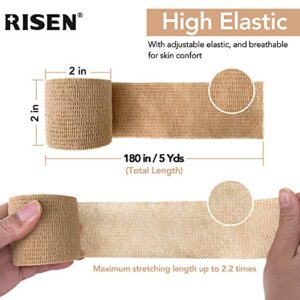 RISEN Cohesive Bandage 2” x 5 Yards, 6 Rolls, Self Adherent Wrap Medical Tape, Adhesive Flexible Breathable First Aid Gauze Ideal for Stretch Athletic