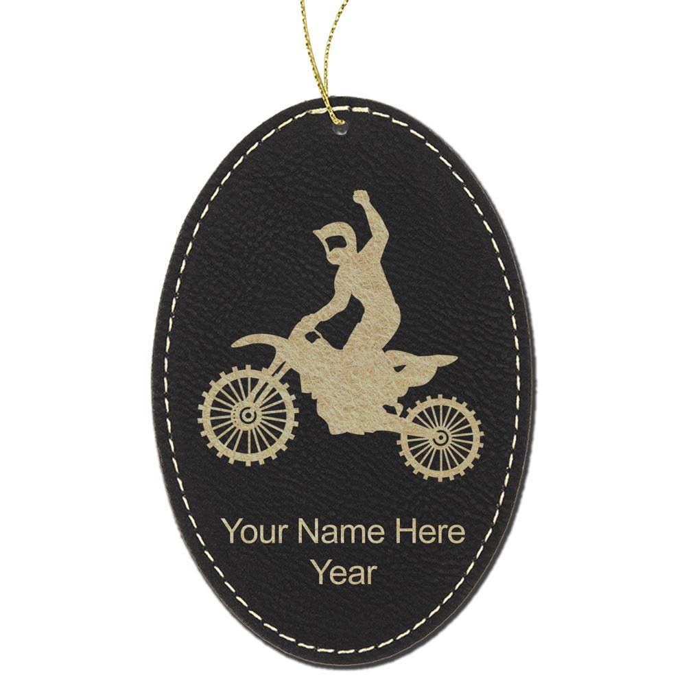 LaserGram Faux Leather Christmas Ornament, Motocross, Personalized Engraving Included (Black with Gold, Oval)