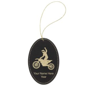 LaserGram Faux Leather Christmas Ornament, Motocross, Personalized Engraving Included (Black with Gold, Oval)