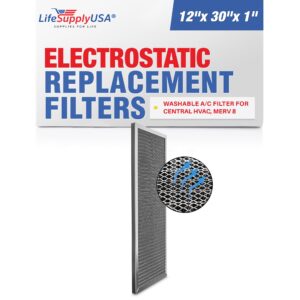 LifeSupplyUSA (12x30x1) Aluminum Electrostatic Air Filter Replacement Washable Air Purifier A/C Filter for Central HVAC, MERV 8, Energy Saving, Easy to Clean, Long-Lasting (1-Pack)