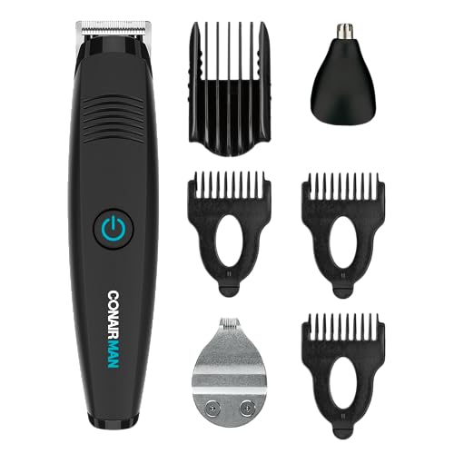 ConairMAN All-in-One Beard Trimmer for Men, for Face, Nose and Ear Hair Trimmer, Perfect for Travel, 7 piece Men's Grooming Kit, Lithium Battery-Powered