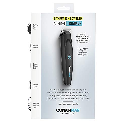 ConairMAN All-in-One Beard Trimmer for Men, for Face, Nose and Ear Hair Trimmer, Perfect for Travel, 7 piece Men's Grooming Kit, Lithium Battery-Powered