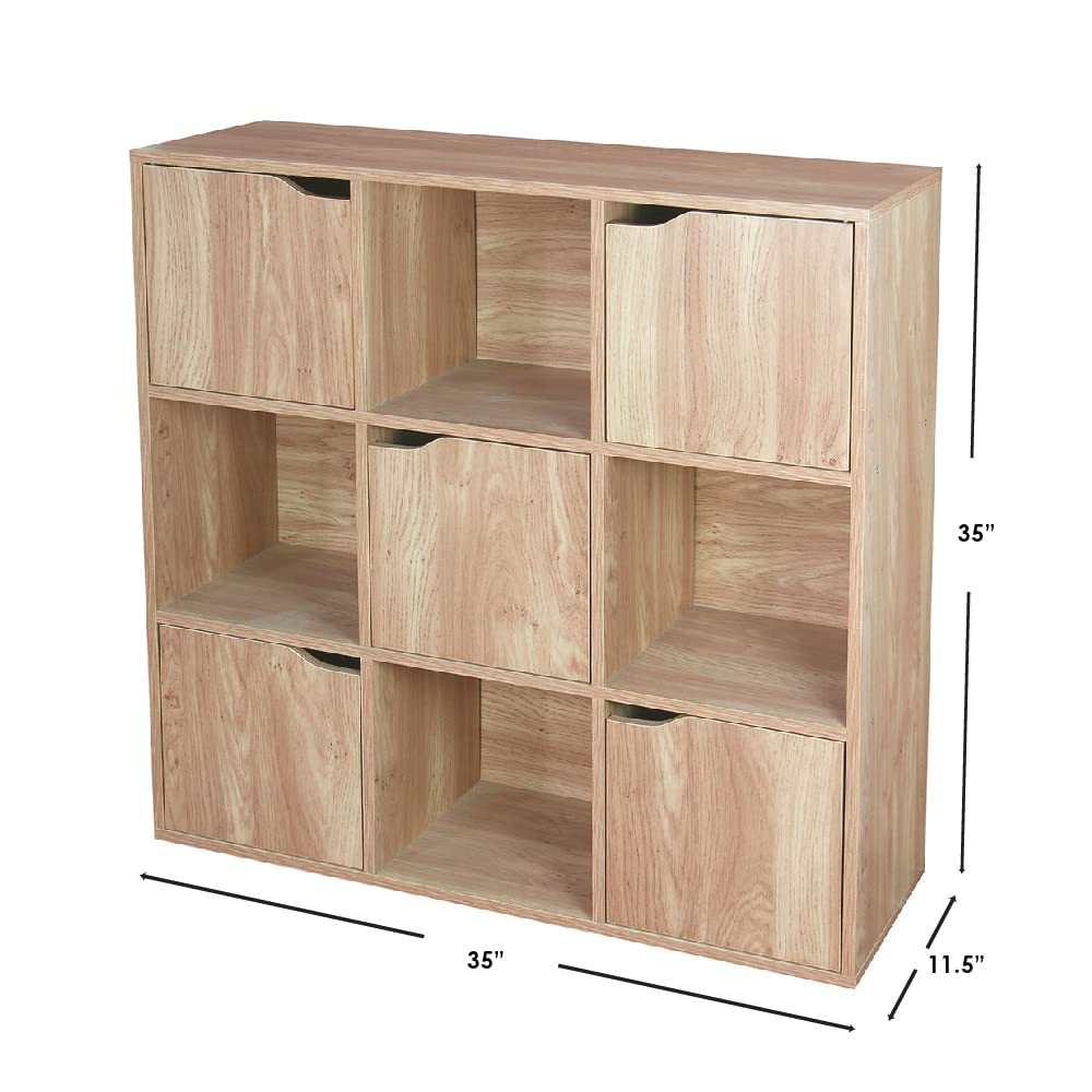 Home Basics Natural Shelves Wood Shelf with Doors, Room, Clothes Storage, Décor, Bookshelf, Toy Organizer Home & Office – 4 Open/5 Cabinet-Style (9 C, 9 Cube