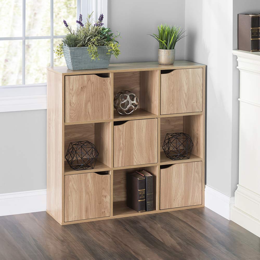 Home Basics Natural Shelves Wood Shelf with Doors, Room, Clothes Storage, Décor, Bookshelf, Toy Organizer Home & Office – 4 Open/5 Cabinet-Style (9 C, 9 Cube