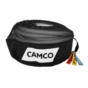 camco camper/rv equipment storage bag | features lined interior w/breathable mesh top & barrel lock clasp | includes 3 id tags for rv storage and organization | 16” in diameter x 10” deep (53097)