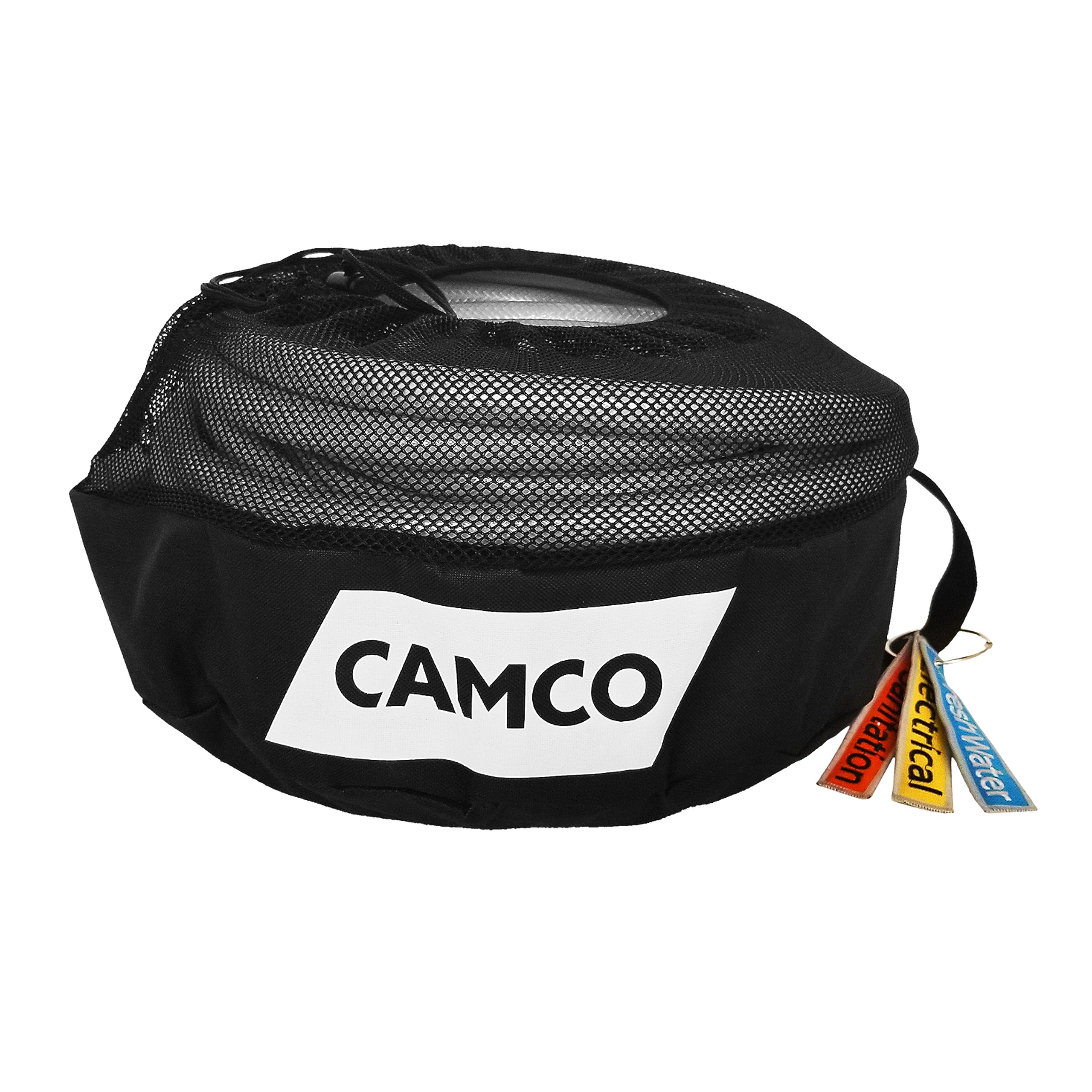 Camco Camper/RV Equipment Storage Bag | Features Lined Interior w/Breathable Mesh Top & Barrel Lock Clasp | Includes 3 Id Tags for RV Storage and Organization | 16” in Diameter x 10” Deep (53097)