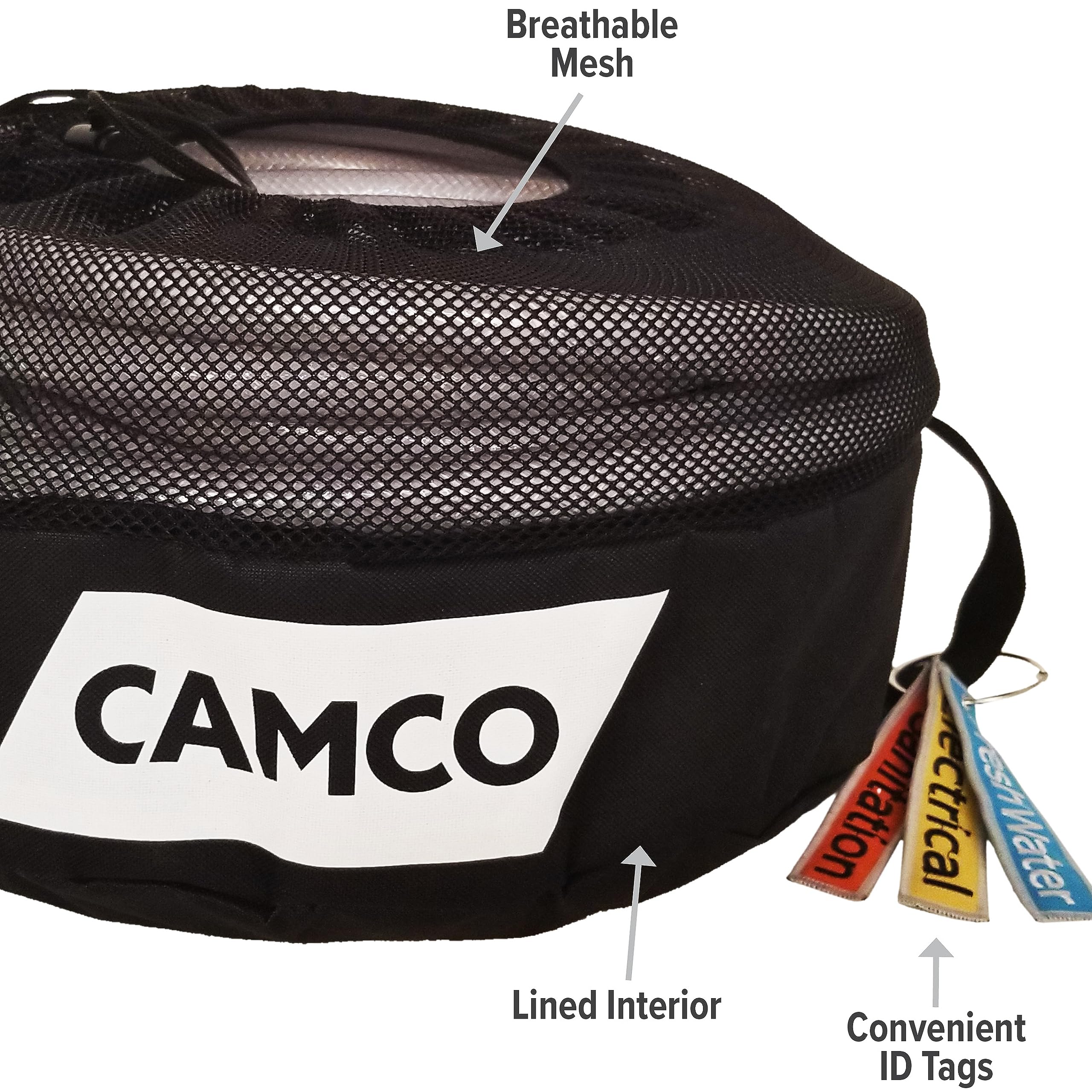 Camco Camper/RV Equipment Storage Bag | Features Lined Interior w/Breathable Mesh Top & Barrel Lock Clasp | Includes 3 Id Tags for RV Storage and Organization | 16” in Diameter x 10” Deep (53097)