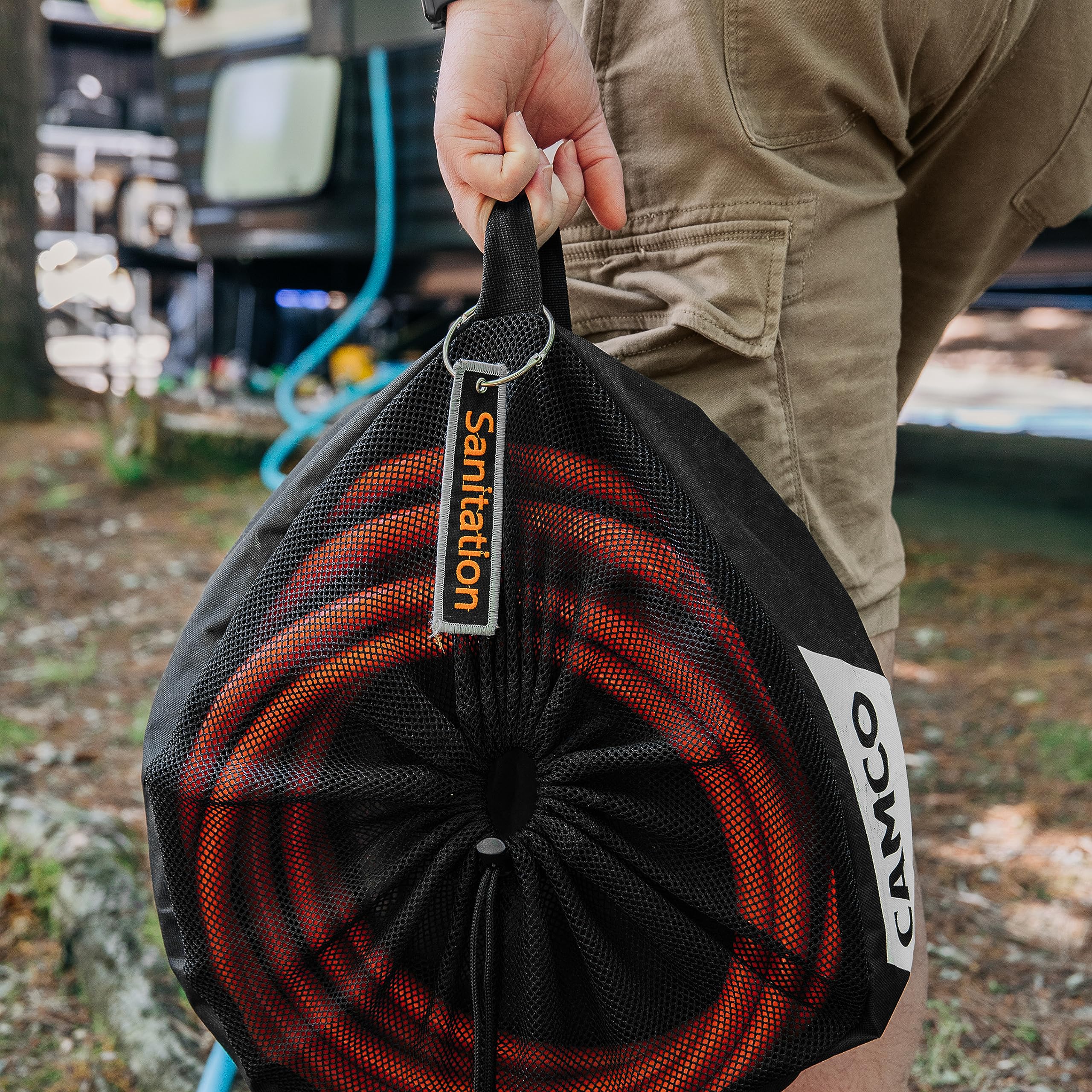 Camco Camper/RV Equipment Storage Bag | Features Lined Interior w/Breathable Mesh Top & Barrel Lock Clasp | Includes 3 Id Tags for RV Storage and Organization | 16” in Diameter x 10” Deep (53097)