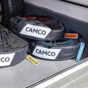 Camco Camper/RV Equipment Storage Bag | Features Lined Interior w/Breathable Mesh Top & Barrel Lock Clasp | Includes 3 Id Tags for RV Storage and Organization | 16” in Diameter x 10” Deep (53097)