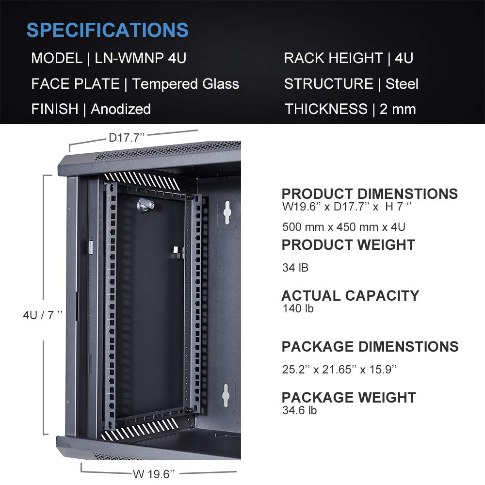 Kenuco Wall Mount Rack Server Cabinet Data Network Enclosure 19-Inch Server Network Rack with Locking Glass Door 16-Inches Deep (Black 04U)