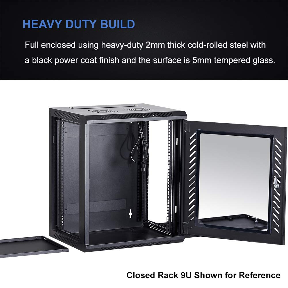 Kenuco Wall Mount Rack Server Cabinet Data Network Enclosure 19-Inch Server Network Rack with Locking Glass Door 16-Inches Deep (Black 04U)