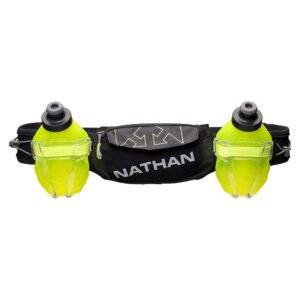nathan hydration running belt trail mix plus - adjustable running belt – trailmix includes 2 bottles / flask – with storage pockets. fits most iphones and smartphones