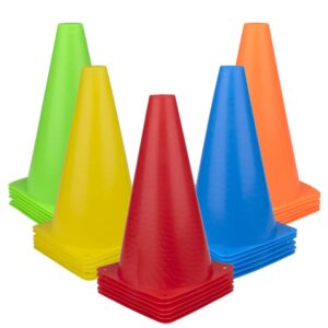 fasmov 30 pack plastic training cones, 9 inches traffic cones indoor outdoor sports agility cones soccer flexible cone sets for soccer, skating, drills, football, basketball, assorted colors