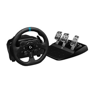 logitech g923 racing wheel and pedals, trueforce up to 1000 hz force feedback, responsive driving design, dual clutch launch control, genuine leather wheel cover, for ps5, ps4, pc, mac - black