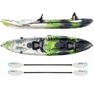 driftsun teton 120 hard shell kayak, 2 or 3 person sit on top fishing kayak with 2 eva padded seats, includes 2 aluminum paddles and fishing rod holder mounts