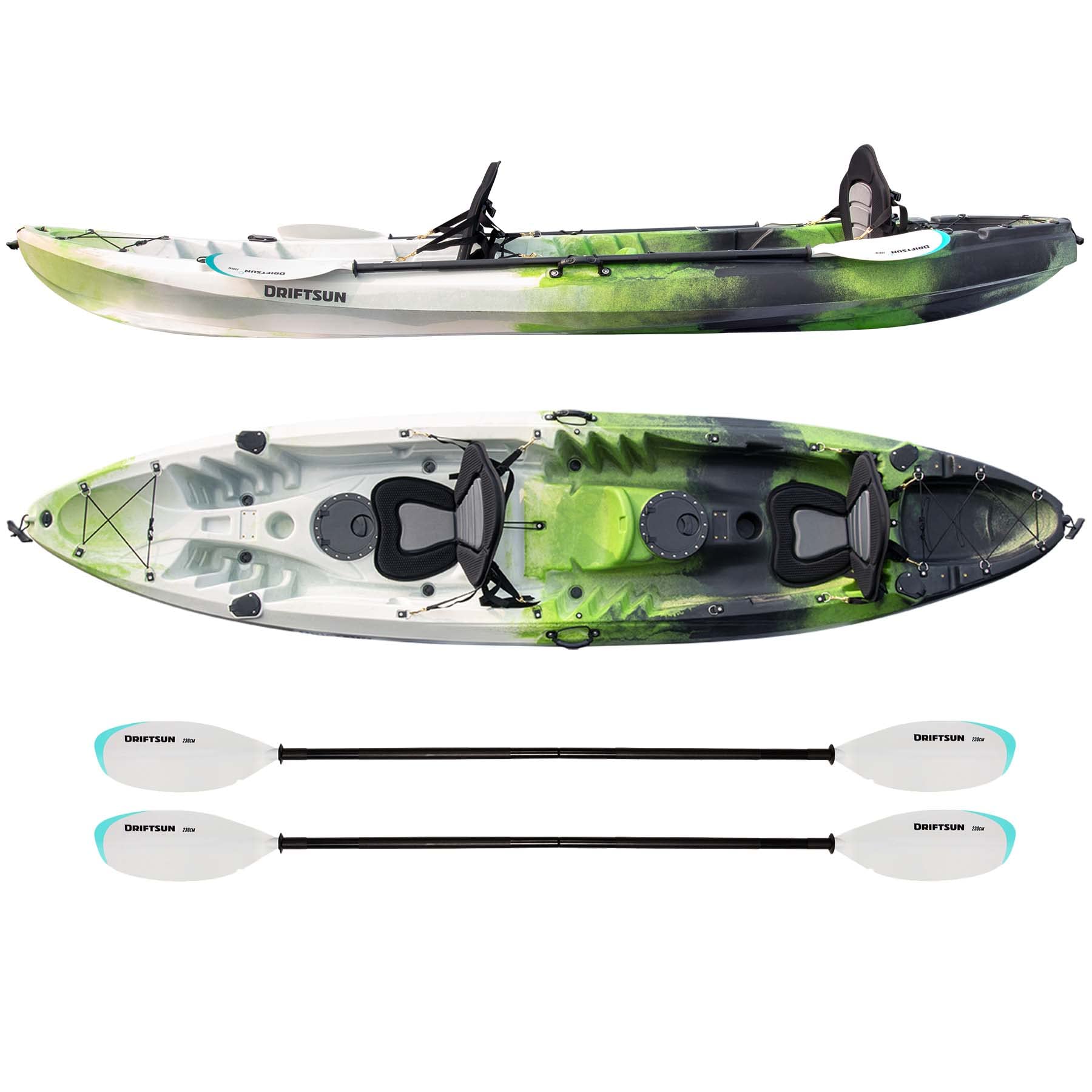 DRIFTSUN Teton 120 Hard Shell Kayak, 2 or 3 Person Sit On Top Fishing Kayak with 2 EVA Padded Seats, Includes 2 Aluminum Paddles and Fishing Rod Holder Mounts