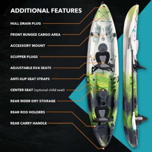 DRIFTSUN Teton 120 Hard Shell Kayak, 2 or 3 Person Sit On Top Fishing Kayak with 2 EVA Padded Seats, Includes 2 Aluminum Paddles and Fishing Rod Holder Mounts