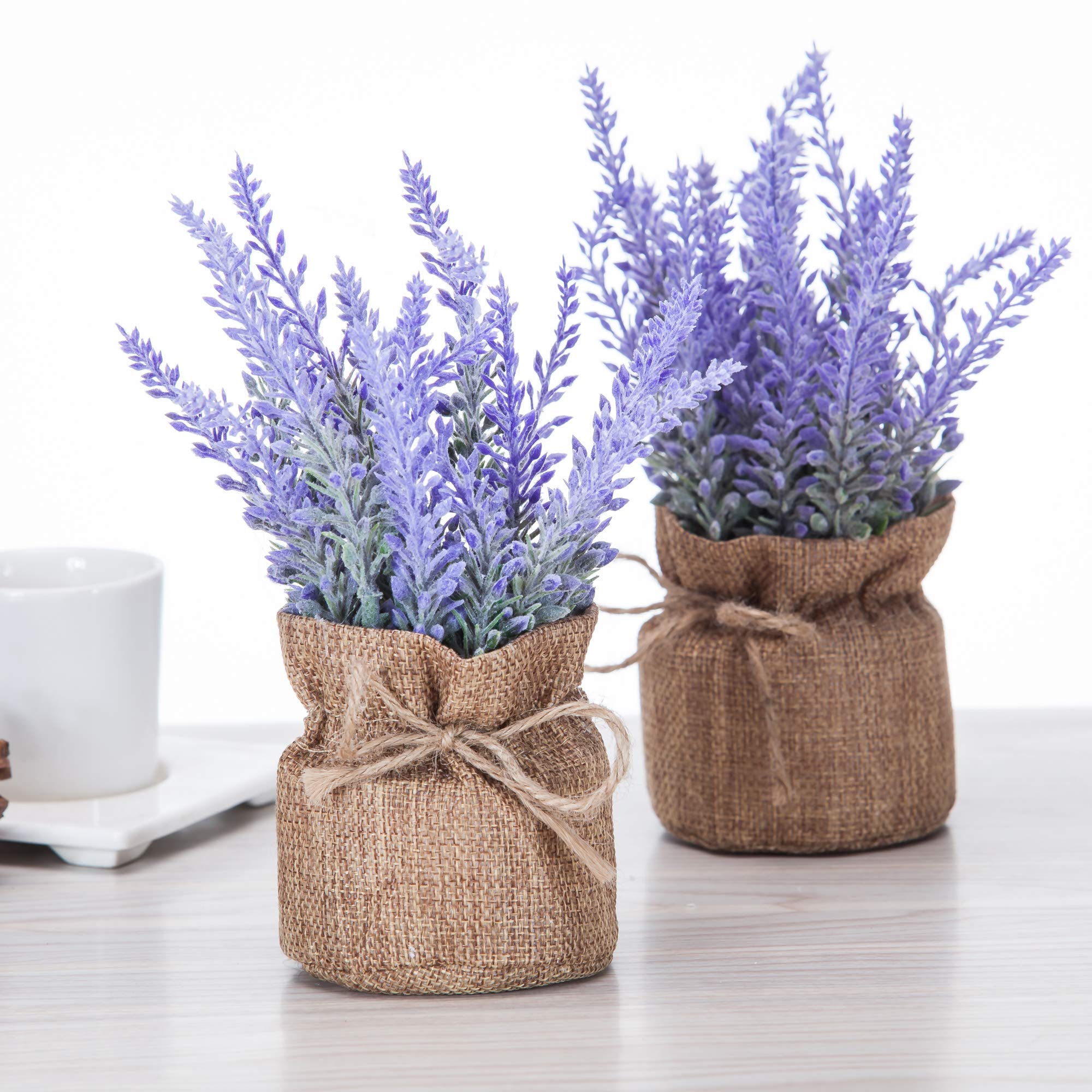 Artificial Mini Potted Flowers Plant Lavender for Home Decor Party Wedding Garden Office Patio Decoration (Linen 2set)