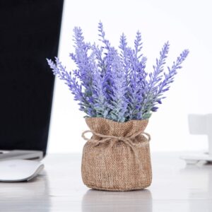 Artificial Mini Potted Flowers Plant Lavender for Home Decor Party Wedding Garden Office Patio Decoration (Linen 2set)