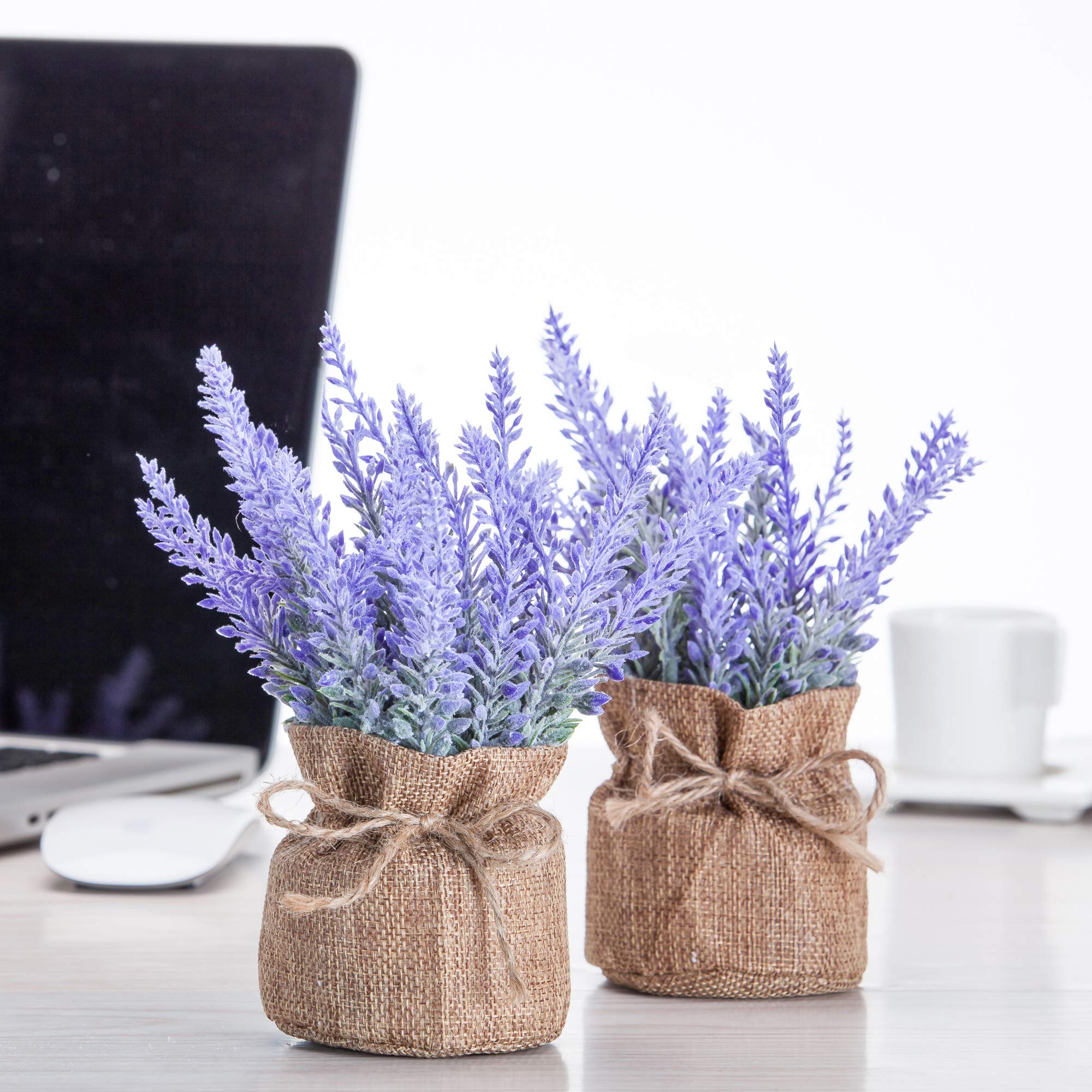 Artificial Mini Potted Flowers Plant Lavender for Home Decor Party Wedding Garden Office Patio Decoration (Linen 2set)