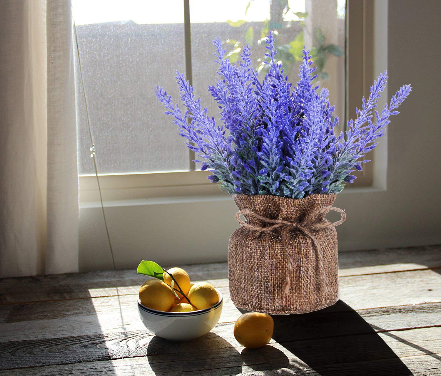 Artificial Mini Potted Flowers Plant Lavender for Home Decor Party Wedding Garden Office Patio Decoration (Linen 2set)