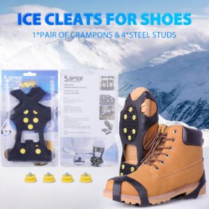 Sfee Ice Cleats for Boots Shoes, Snow Grips Cleats for Ice and Snow Anti-Slip Rubber Traction Cleats for Walking on Snow and Ice 10 Steel Studs Crampons for Hiking, Walking, Climbing, Jogging