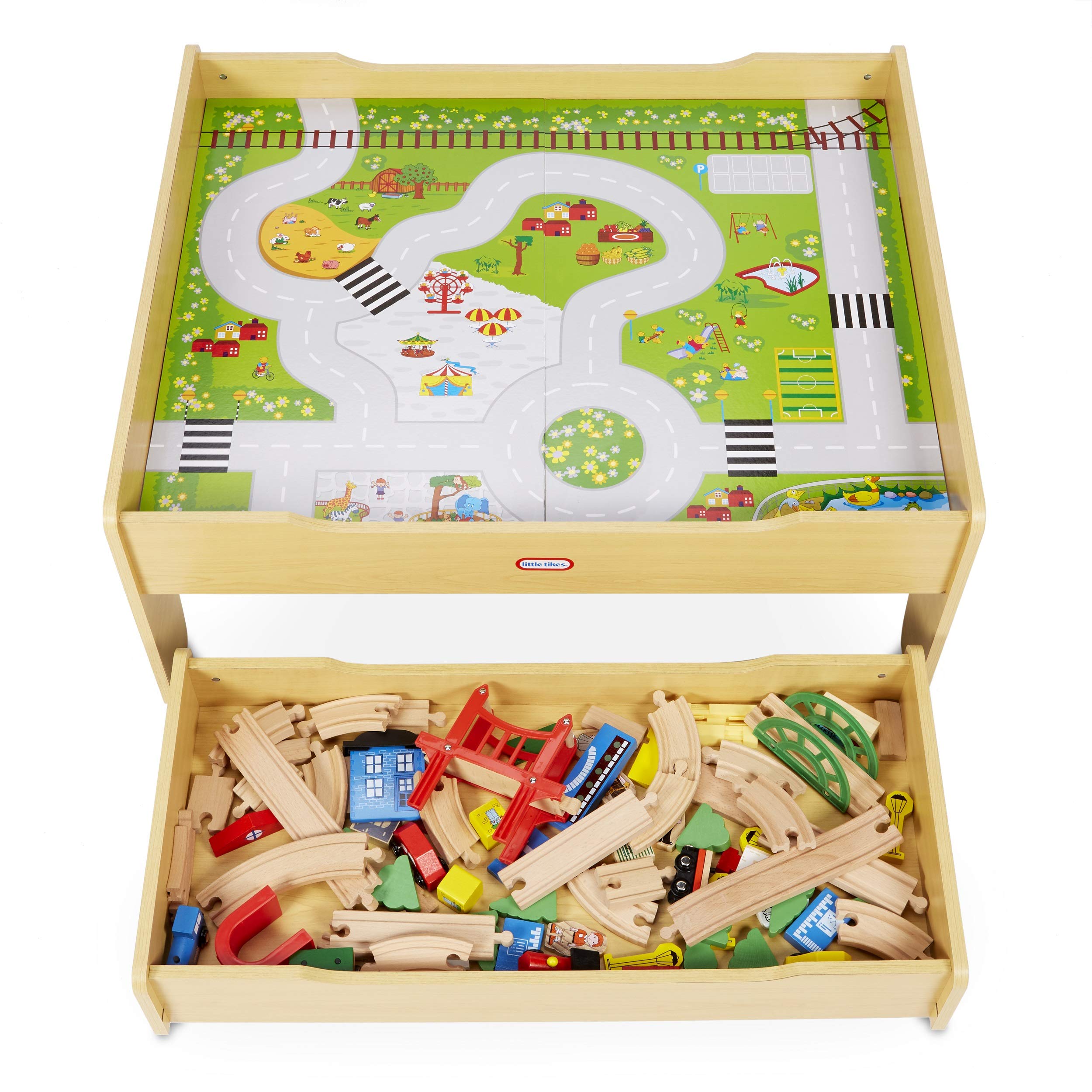 Little Tikes Real Wooden Train and Kids Table Set with Over 80 Multicolor Pieces Activity Table with Storage, Tracks, Trains, Cars, and More - Train Set Table Playset for Boys and Girls 3+ Years