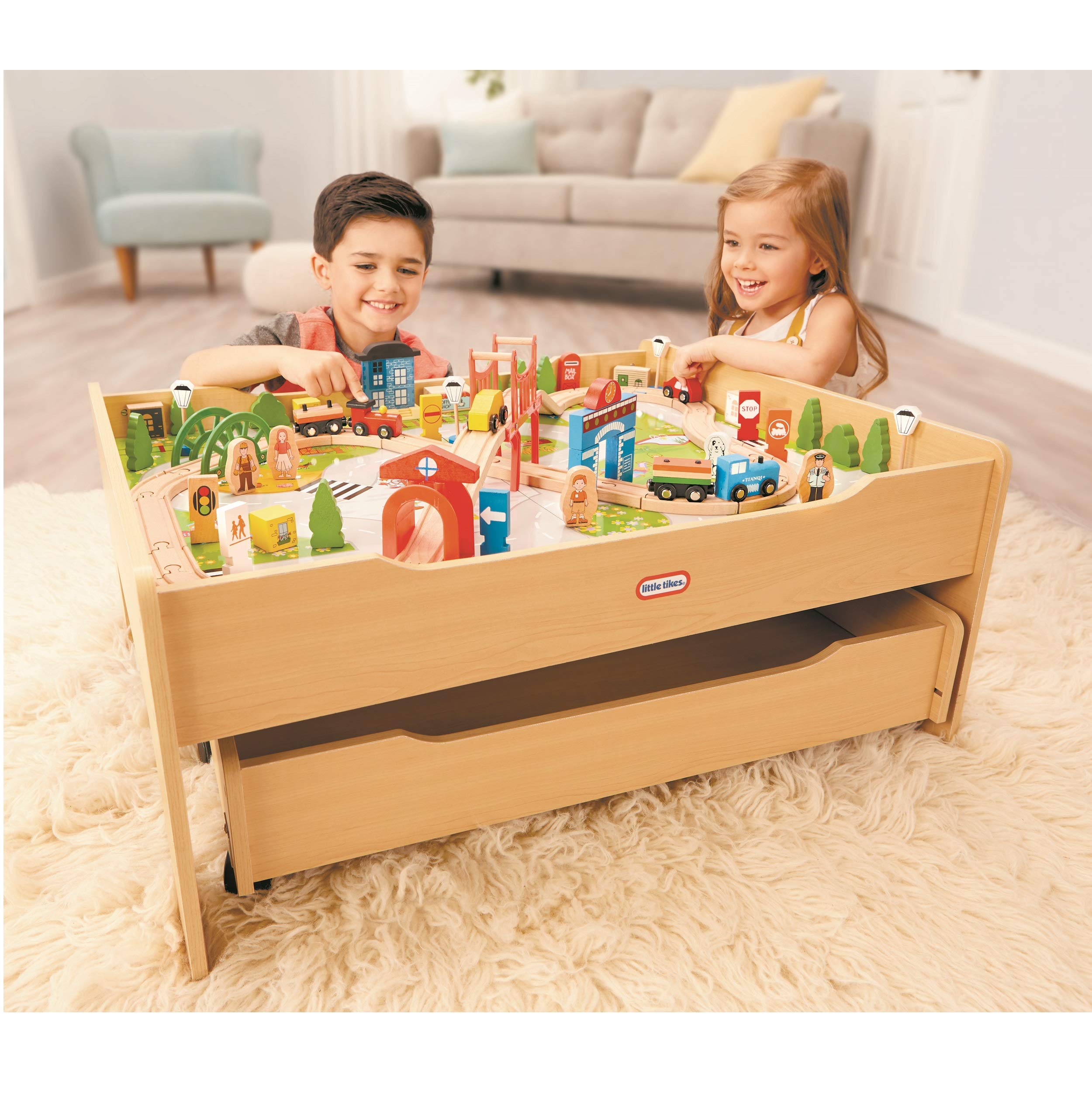 Little Tikes Real Wooden Train and Kids Table Set with Over 80 Multicolor Pieces Activity Table with Storage, Tracks, Trains, Cars, and More - Train Set Table Playset for Boys and Girls 3+ Years