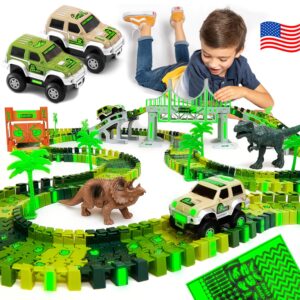 JITTERYGIT Dinosaur Jurassic Race Track Train Glow in The Dark World Toy Set, Kids Dino Racetrack Park Includes T-Rex & Triceratops Playset - Best Birthday Gift for Boys & Girls 3 4 5 6 7 8 Year Old