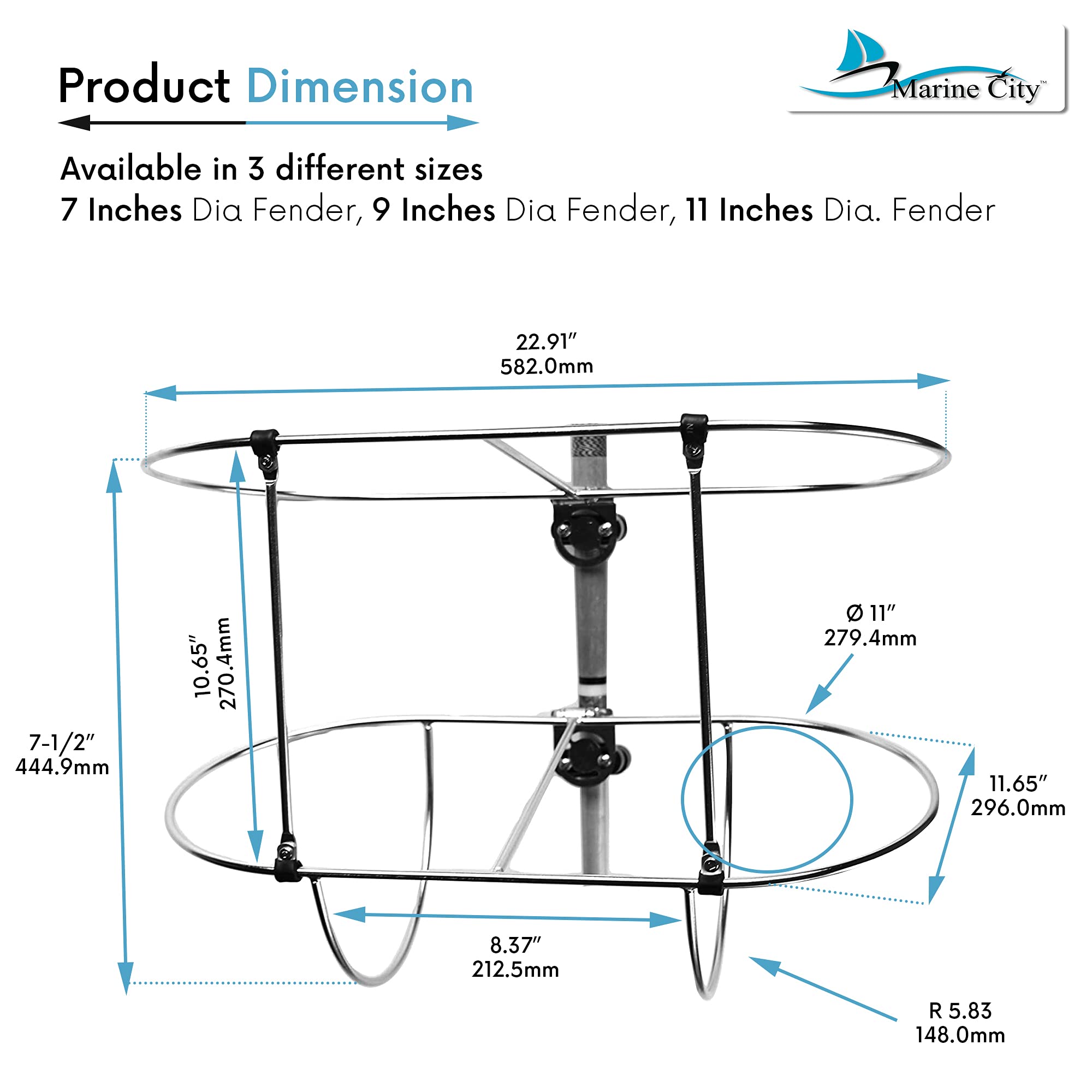 MARINE CITY Stainless-Steel Double Strong and Durable Fender Rack Gloss Finish Easy Use Holder with Stanchion Clamps 11 Inches Diameter Fender for Marines – Boats – Ships – Kayaks (Pack of 1)