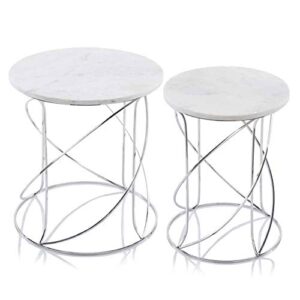 Modern Day Accents Giro White Marble Set of 2 Nesting Table, silver