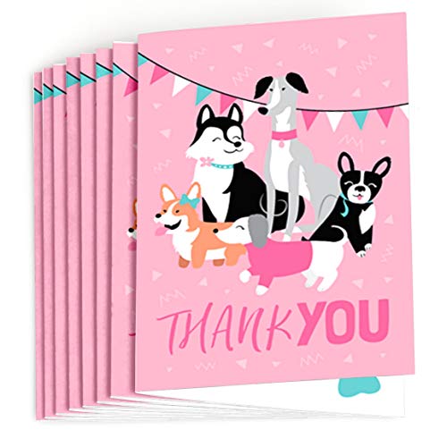 Big Dot of Happiness Pawty Like a Puppy Girl - Pink Dog Baby Shower or Birthday Party Thank You Cards (8 count)