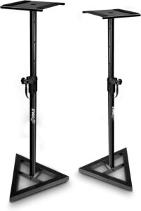 pyle speaker stand pair of sound - play 1 and 3 holder, telescoping height adjustable from 26” - 52” inch, high heavy duty three-point triangle base w/ floor spikes and 9” square platform, black