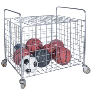 mygift professional gym chrome silver metal multi sports ball storage cart with jumbo industrial wheels, commercial grade portable equipment locker cage for basketball, football, soccer, volleyball