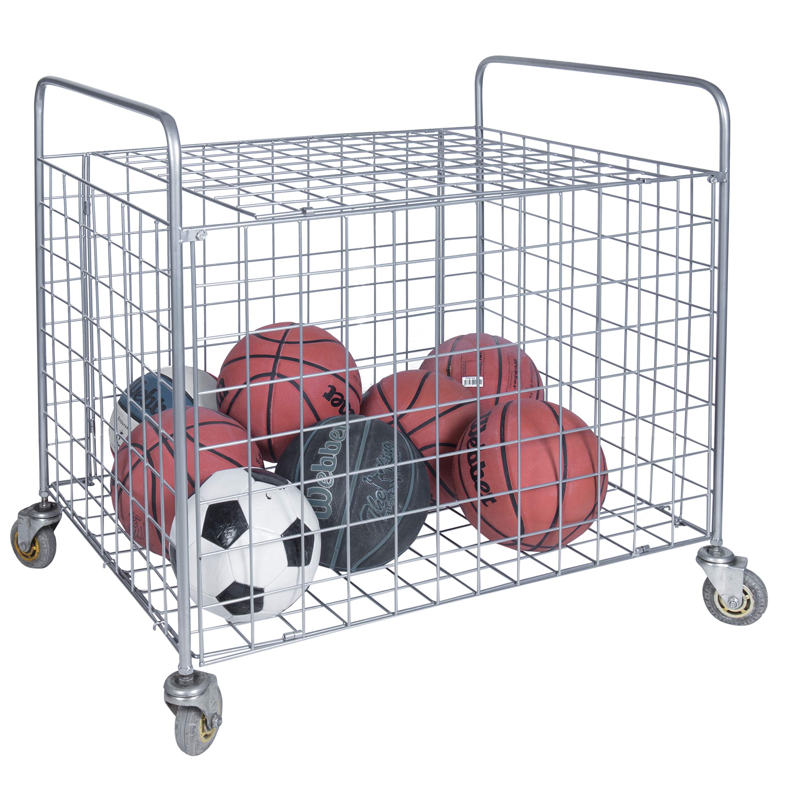 MyGift Professional Gym Chrome Silver Metal Multi Sports Ball Storage Cart with Jumbo Industrial Wheels, Commercial Grade Portable Equipment Locker Cage for Basketball, Football, Soccer, Volleyball