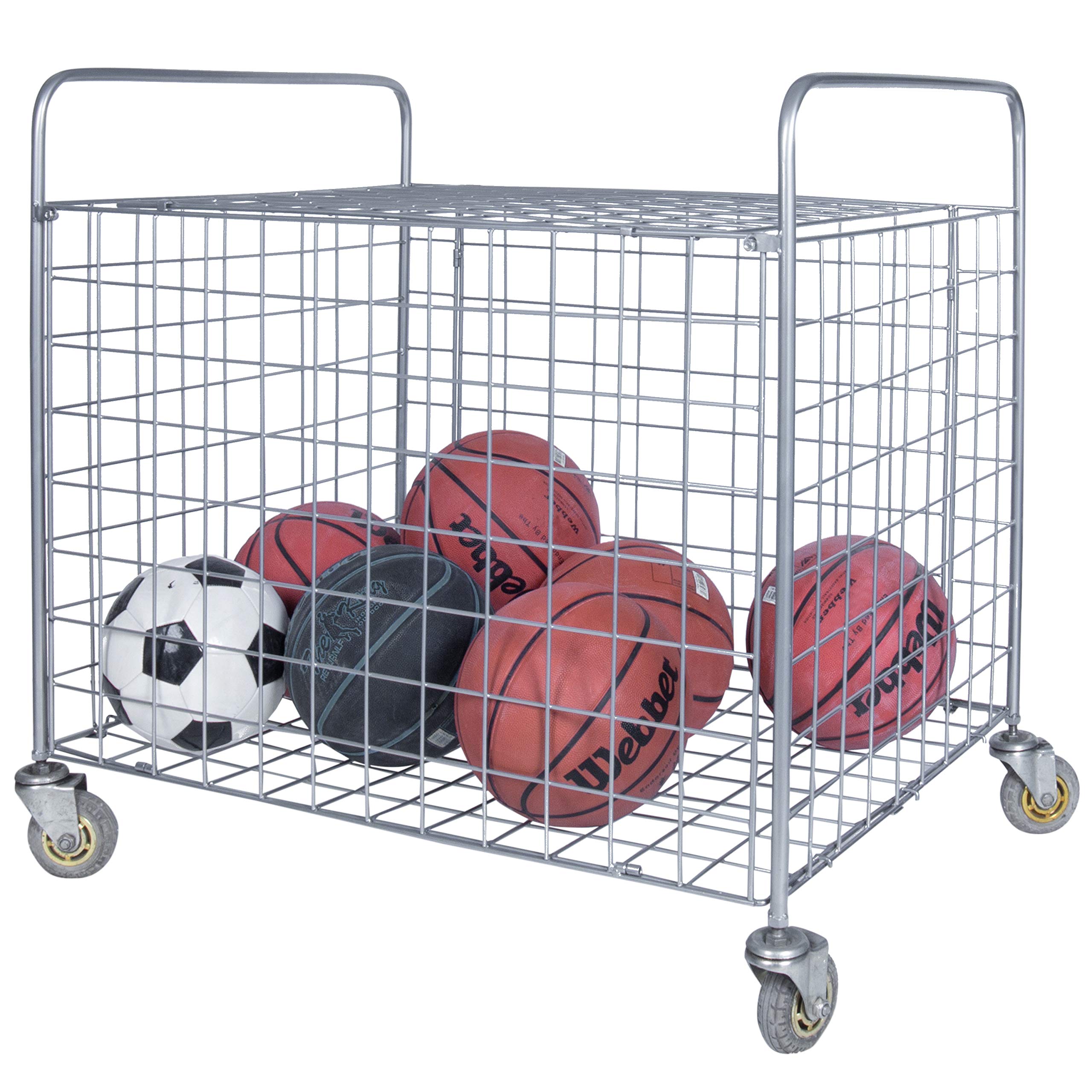 MyGift Professional Gym Chrome Silver Metal Multi Sports Ball Storage Cart with Jumbo Industrial Wheels, Commercial Grade Portable Equipment Locker Cage for Basketball, Football, Soccer, Volleyball