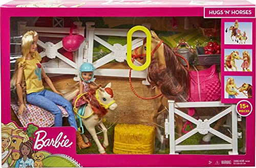 Barbie Playset and Chelsea Blonde Dolls, 2 Horses with Bobbling Heads and 15+ Toy Accessories That Include Corral Fencing, Feeding, Grooming, Nurturing and Horseback Riding Pieces